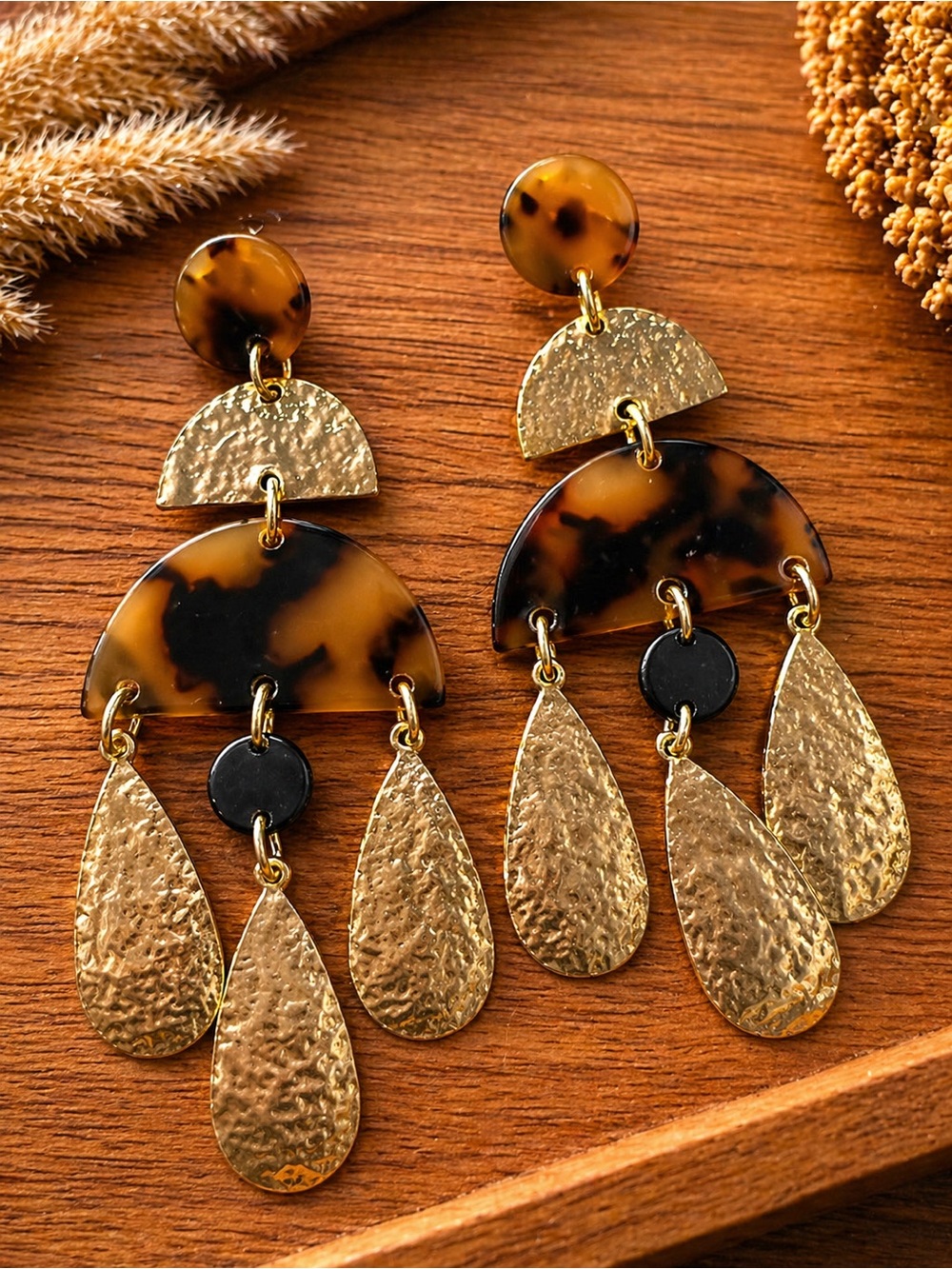 Tortoiseshell and Hammered Gold Dangle Earrings - Brown